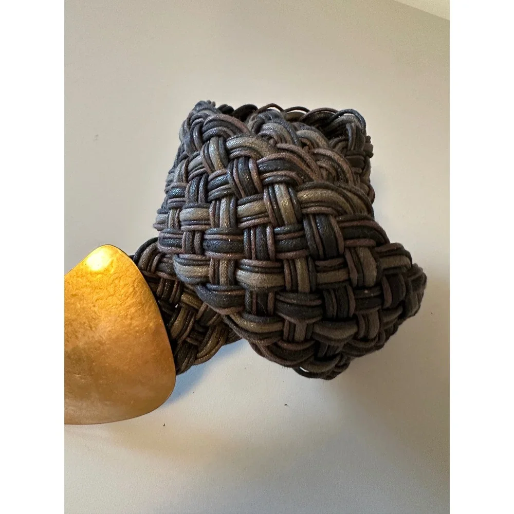 Woven Braided Wide Leather Belt with Gold Tone Sculptural Buckle